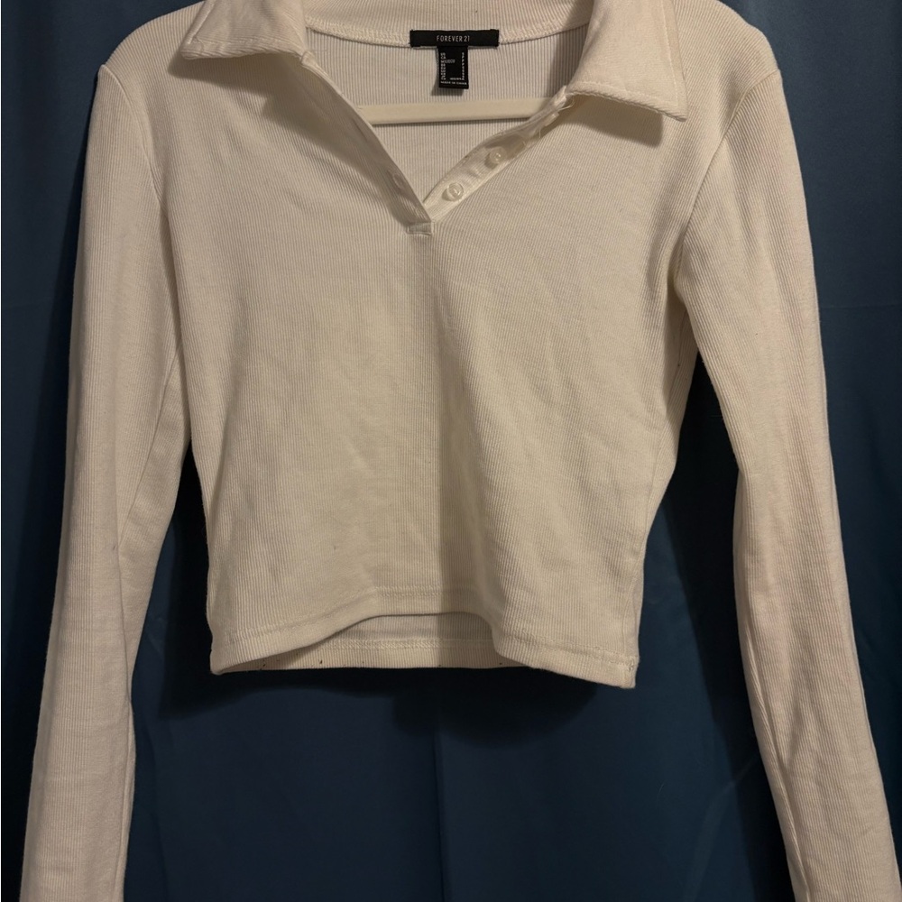 Forever 21 Cream Polo Collar Fitted Crop Top